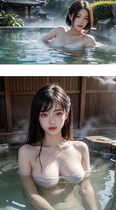 ai_kase, (night:1.7), oriental architecture, ((hot spring,onsen:1.4)), moist skin, ((fog:2.0)), (steam rising:1.8), glowing skin, glossy skin,((partially submerged in hot spring:1.4)), (Beautiful women are in an open-air bath. they are smiling.:1.3), (mast...