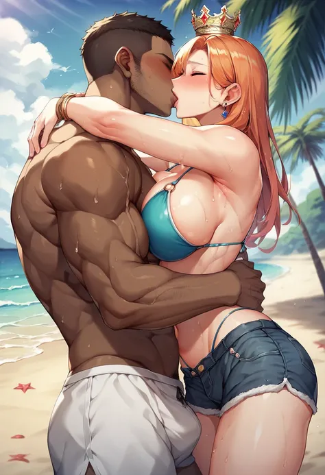 Muscular African man in crown with shorts sleep with four blonde redhead german very voluptuous wide hipped models bikini aunt surround hug and kiss only his body at the beach, passion pose. (Detailed harem scenario) (Detailed beach setup) (Detailed intima...