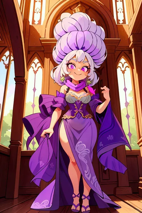 Masterpiece, best quality, 1 old woman, white hair, standing indoors with intricate details and sunlight. purple and green frilled long dress, scarf, purple metallic arm, sexy smiling, sexy pose, coquette, beautiful long legs, mature girl, gorgeous body.