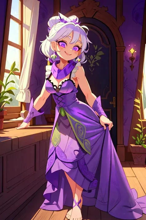 Masterpiece, best quality, 1 old woman, white hair, standing indoors with intricate details and sunlight. purple and green frilled long dress, scarf, purple metallic arm, sexy smiling, sexy pose, coquette, beautiful long legs, mature girl, gorgeous body.