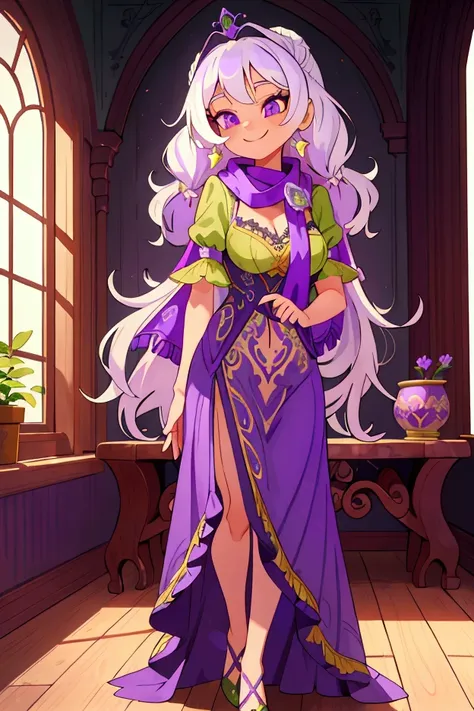 Masterpiece, best quality, 1 old woman, white hair, standing indoors with intricate details and sunlight. purple and green frilled long dress, scarf, purple metallic arm, sexy smiling, sexy pose, coquette, beautiful long legs, mature girl, gorgeous body.