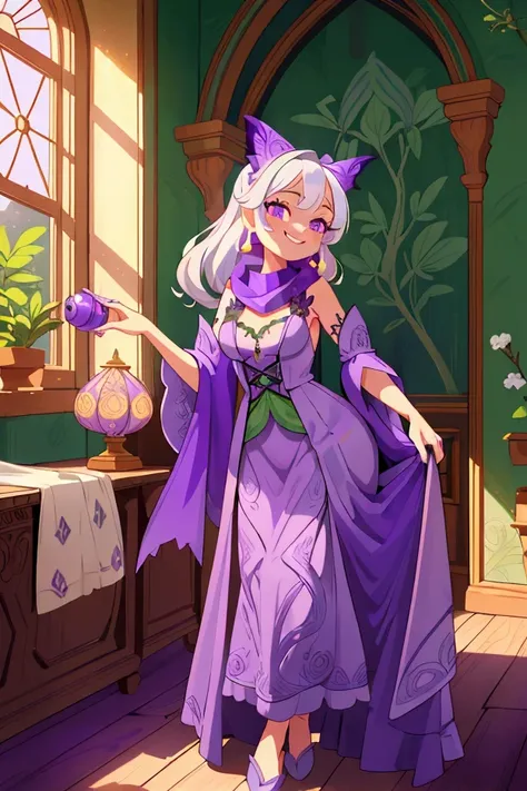 Masterpiece, best quality, 1 old woman, white hair, standing indoors with intricate details and sunlight. purple and green frilled long dress, scarf, purple metallic arm, sexy smiling, sexy pose, coquette, beautiful long legs, mature girl, gorgeous body.