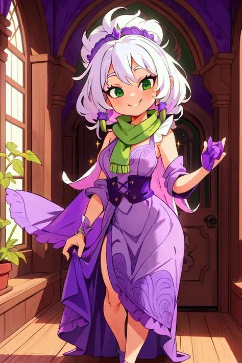 Masterpiece, best quality, 1 old woman, white hair, standing indoors with intricate details and sunlight. purple and green frilled long dress, scarf, purple metallic arm, sexy smiling, sexy pose, coquette, beautiful long legs, mature girl, gorgeous body.