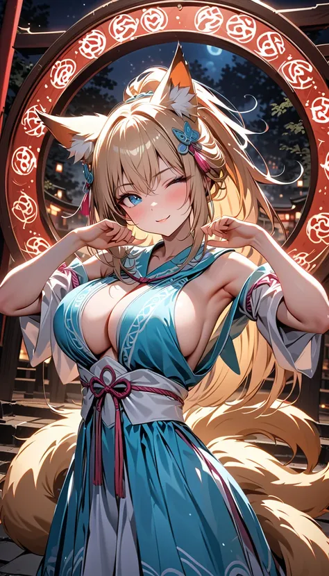 ((masterpiece)),  best quality ,  SUPER DETAILS,  high resolution,  extremely detailed CG integrated 8K wallpaper, HQ_HDR, (Big Breasts), (Mysterious nine tails),  fox ear, Fox&#39;s Tail, (Delicate fabric,  in a shrine maiden costume with an excellent des...