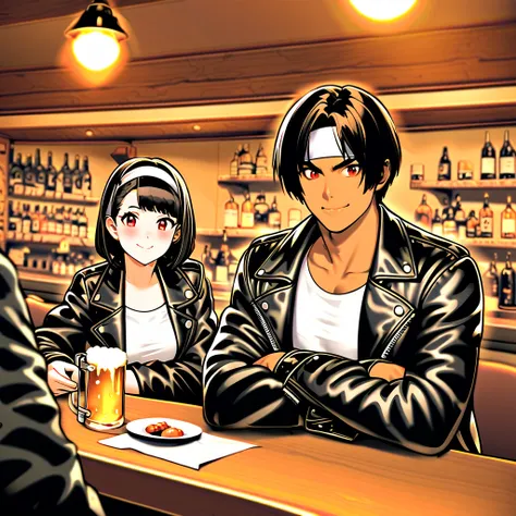 2 people, man and woman, blush, smile, short hair, bangs, shirt, black hair, red eyes, long sleeves, 1 man, holding, sitting, mouth closed, jacket, white T-shirt, headband, food, ((black with rolled up arms) leather jacket)), open jacket, ((white hairband)...