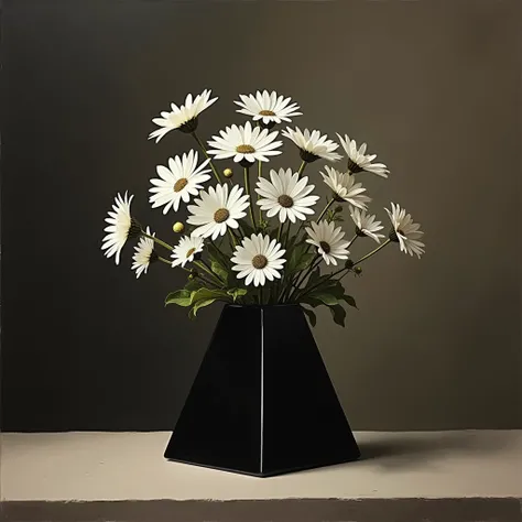 painting、 The background is 1 color of sepia close to black 、White bouquet of Achillea Nobressa、 these small white flowers are grouped together in a black vase、The vase has a triangular pyramid shape and is black 、 minimalism、 chic and elegant picture