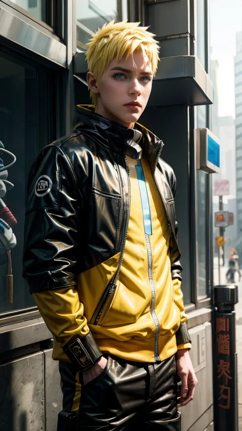 Masterpiece, 1boy, Superb Style, cyberpunk style, Streetwear clothes, Outdoor, Cowboy Shot, Naruto Uzumaki, bright eyes, Blue eyes, Yellow hair, cool boy, Realistic