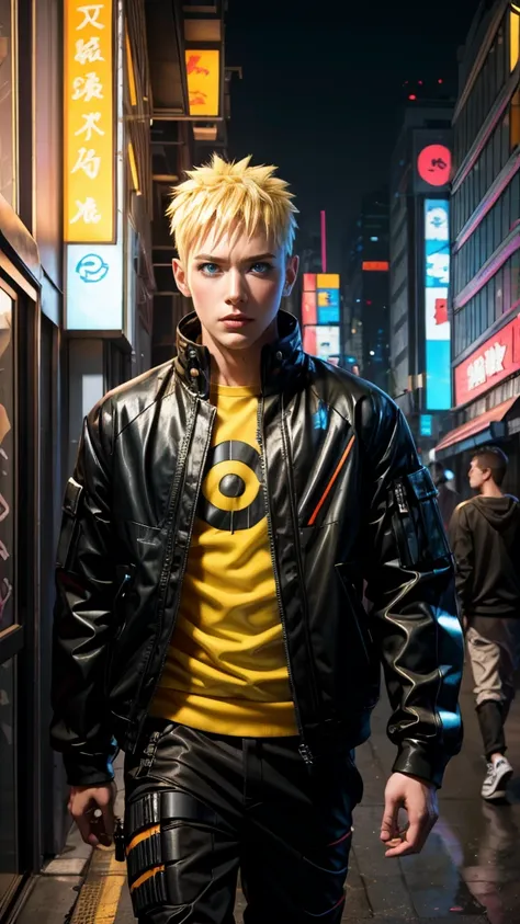 Masterpiece, 1boy, Superb Style, cyberpunk style, Streetwear clothes, Outdoor, night, Dutch Angle, Naruto Uzumaki, bright eyes, Blue eyes, Yellow hair, cool boy, Realistic