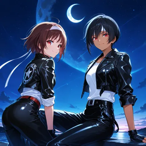 looking at viewer, smile, short hair, bangs, multiple girls, brown hair, shirt, black hair, red eyes, gloves, 2girls, sitting, jacket, white shirt, sky, black gloves, belt, pants, dark skin, fingerless gloves, open jacket, dark-skinned female, black jacket...