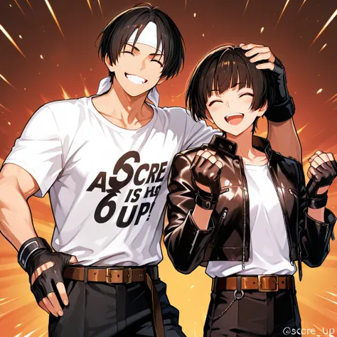 Animated image of two anime characters. The character on the left wears a white T-shirt, black leather jacket, black pants, black gloves, and a brown belt with a gold buckle. The guy on the right is black with a white bandana wrapped around his head. He ha...