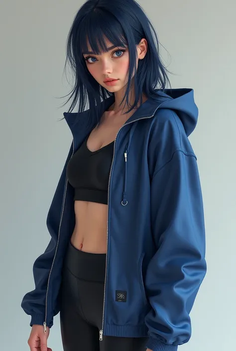 Brunette woman with straight blue-black hair,  dark blue eyes, dressed in a more realistic sporty way