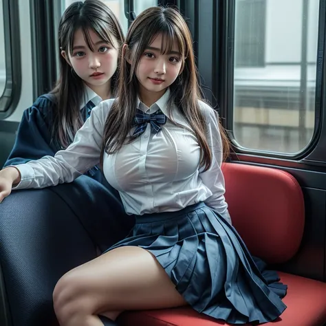 (masterpiece,  super high resolution,  best quality, 8k,  RAW photos ,  Polo), break ((Girl sitting on train seat)), Full body portrait, (full body shot),  1 girl, break とてもかわいい, ( cute and beautiful facial details ), break ( school uniform,  white shirt, ...