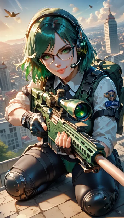 ultra-detailed, 1girl, solo, ((masterpiece)), (best quality), (highres), 16K, green eyes, green hair, medium hair, security agent, wearing glasses, headset, tactical vest, shirt, gloves, thighhighs, green panties, knee pads, busty body, large breasts and a...