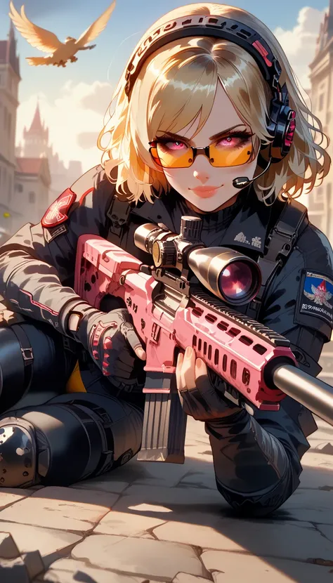 ultra-detailed, 1girl, solo, ((masterpiece)), (best quality), (highres), 16K, pink eyes, blonde hair, medium hair, security agent, wearing glasses, headset, tactical vest, shirt, gloves, thighhighs, yellow panties, knee pads, busty body, large breasts and ...