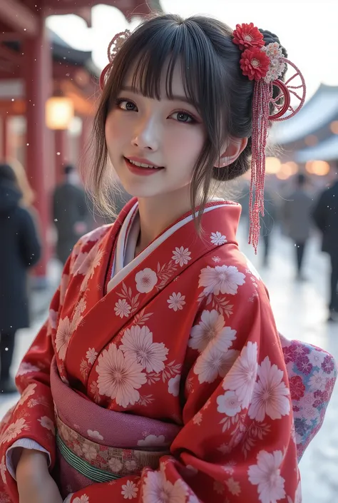 It depicts a beautiful Japanese woman in a kimono、shiny skin, large breasts:0.5, looking up, watching the view, beautiful hair, beautiful face, beautiful detailed eyes, (middle hair:1.5, japanese hair:1.5), black hair, blue eyes, (((red floral kimono), hair ornament)), ((smile:1.5, open your mouth wide)), walking, (beautiful scenery), winter, dawn, (new year's day, first visit),crowd, snow, snowfall:1.5, freezing weather, frost, (8k, top-quality, masterpiece​:1.2, extremely detailed), (photorealistic), beautiful illustration, natural lighting,((perfect anatomy, anatomically correct, super detailed skin)), 