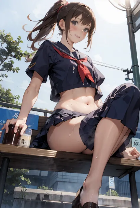 ( super flat ,  flat shaded ), Honor Type, Really blushing, ,  high school girl,  wearing a short-sleeved school uniform on a busy public road:1.5, windになびくミニスカート,  loafers ,   ponytail brown hair  , glass,  sweaty healthy body,  sweaty and drenched full b...