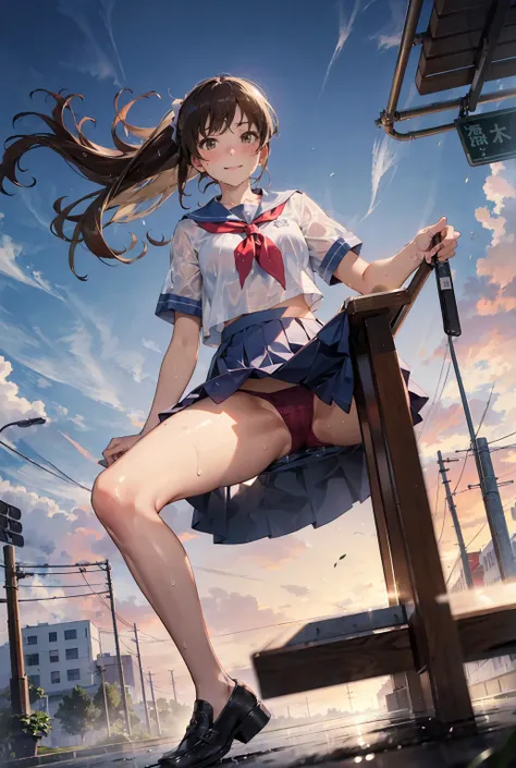 ( super flat ,  flat shaded ), Honor Type, Really blushing, ,  high school girl,  wearing a short-sleeved school uniform on a busy public road:1.5, windになびくミニスカート,  loafers ,   ponytail brown hair  , glass,  sweaty healthy body,  sweaty and drenched full b...