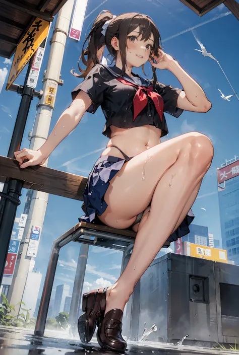 ( super flat ,  flat shaded ), Honor Type, Really blushing, ,  high school girl,  wearing a short-sleeved school uniform on a busy public road:1.5, windになびくミニスカート,  loafers ,   ponytail brown hair  , glass,  sweaty healthy body,  sweaty and drenched full b...