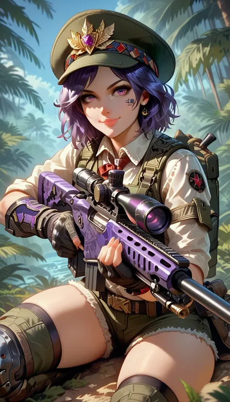 ultra-detailed, 1girl, solo, ((masterpiece)), (best quality), (highres), 16K, hunter, hunter girl, purple eyes, tattoos, purple hair, medium hair, wearing hat, tactical vest, shirt, gloves, thighhighs, short shorts, purple thong, knee pads, busty body, lar...