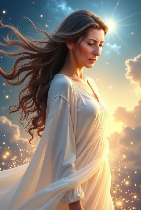 Generates an image of a woman in her human form, but with ethereal touches. The woman should have a majestic appearance, slight smile with a resplendent white robe that seems to be made of light and stars, floating gently in the air. Her skin is luminous, ...