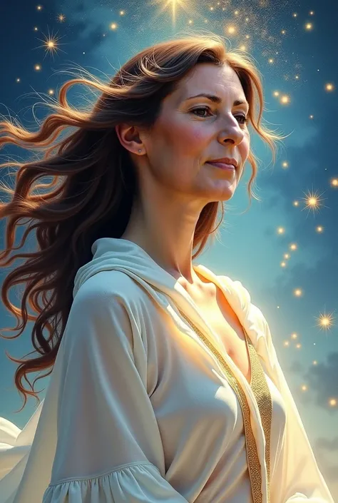 Generates an image of a woman in her human form, but with ethereal touches. The woman should have a majestic appearance, slight smile with a resplendent white robe that seems to be made of light and stars, floating gently in the air. Her skin is luminous, ...