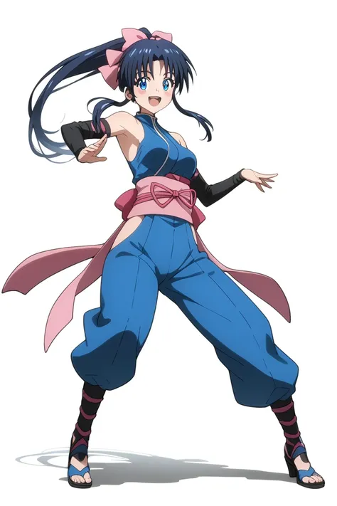 MASTER PIECE, HIGH QUALITY,  Kamiya Kaoru, 1girl,(((((girl wearing (ninja costume), detached sleeves)))), sexy body, (((tomboy))), narrow waist, ((((perfect girl anatomy)))), LONG HAIR, long ponytail HAIRSTYLE , pink hairbow, blue eyes, PERFECT EYES, mediu...