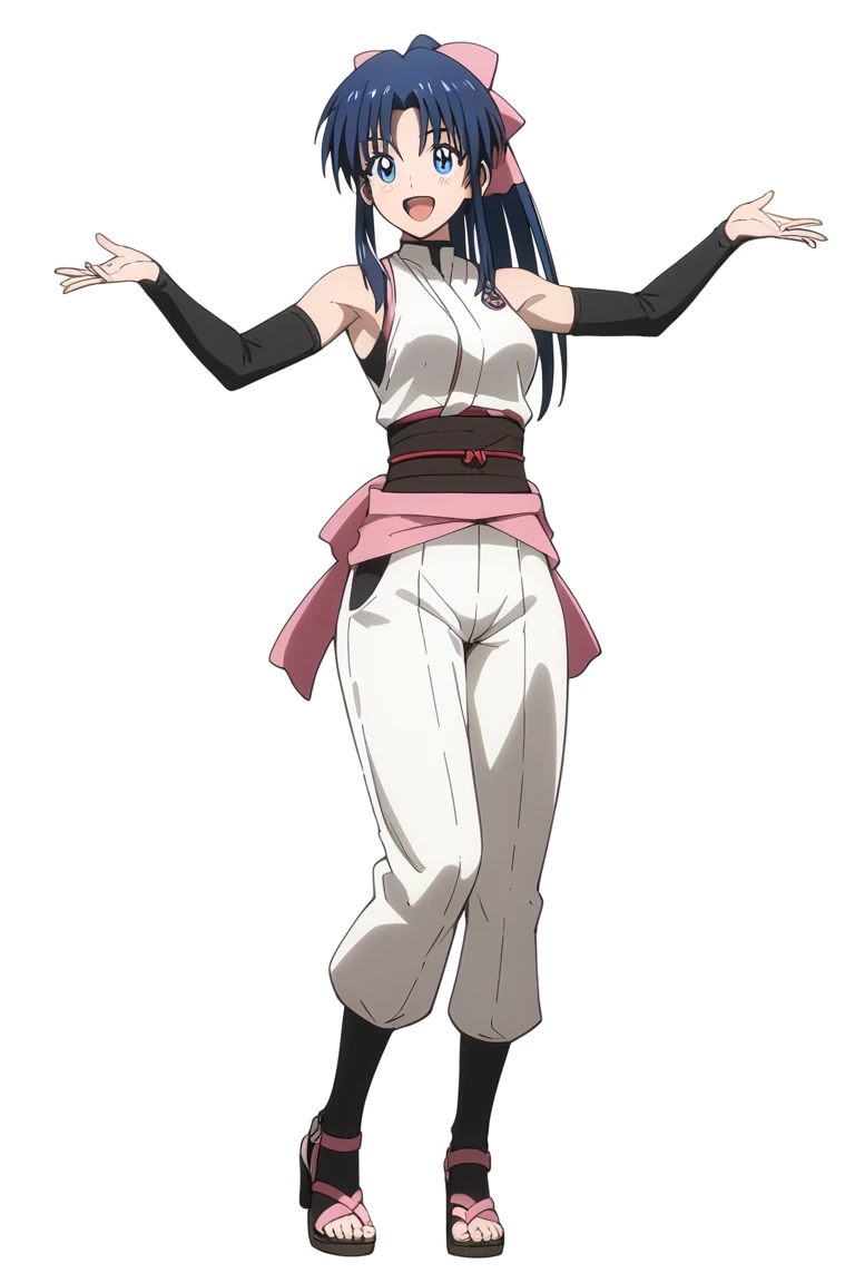 MASTER PIECE, HIGH QUALITY,  Kamiya Kaoru, 1girl,(((((girl wearing (ninja costume), detached sleeves)))), sexy body, (((tomboy))), narrow waist, ((((perfect girl anatomy)))), LONG HAIR, long ponytail HAIRSTYLE , pink hairbow, blue eyes, PERFECT EYES, mediu...