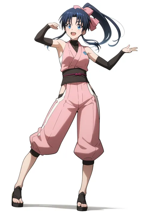 MASTER PIECE, HIGH QUALITY,  Kamiya Kaoru, 1girl,(((((girl wearing (ninja costume), detached sleeves, bare legs)))), sexy body, (((tomboy))), narrow waist, ((((perfect girl anatomy)))), LONG HAIR, long ponytail HAIRSTYLE , pink hairbow, blue eyes, PERFECT ...