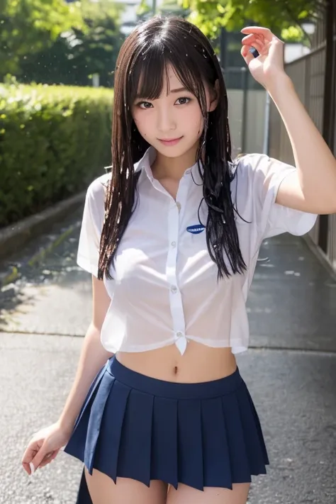  Japanese high school girl 、18 year old beauty、The white shirt on my uniform is wet and I can see through my nipples、 after rain、 long hair、whole body、((Pull up the hem of your skirt and show your underwear))