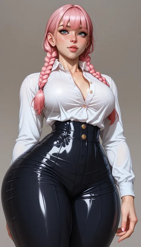 ,muscular body bodybuilder Wellnes pink hair with bangs and braids with ,  thick thighs wide hips narrow waist v-belly bodybuilder ,oiled body of background landscape Demakima costume loose fabric pants that generate wrinkles between the legs pants tucked ...