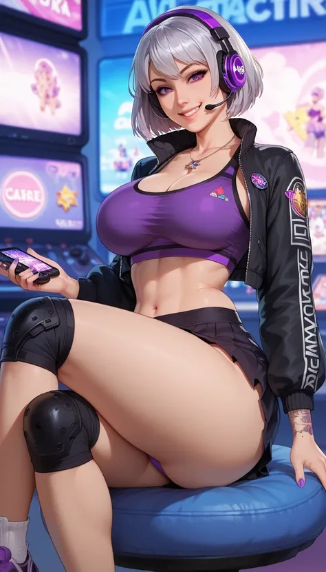 ultra-detailed, 1girl, solo, ((masterpiece)), (best quality), (highres), 16K, gamer, gamer girl, purple eyes, silver hair, medium hair,  tattoos, tattoos on leg, tattoos on hand, wearing headset, black jacket, sports bra, skirt, purple panties, knee pads, ...