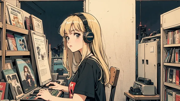 1 person,   Blonde Long Hair ,   I'm studying 80s anime style, I have headphones on,  coffee, Retro, Lo-Fi, night view, Records lined up,Stylish lighting, Wearing a short-sleeved T-shirt, An up of a woman's face seen from the front , 