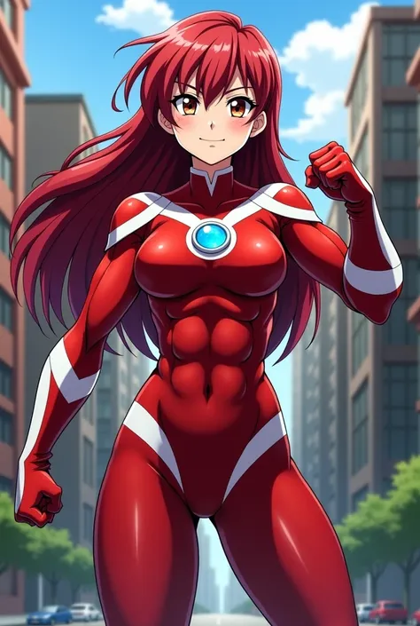 My Hero Academia Style , Anime girl, female, young female,muscular female,Full Body Shot,(fighting Pose:1.3),Long hair, Red Hair,  Brown Eyes,Hero Suit, Full Body Suit, red suit with white details,small round blue jewel in the center of the chest, perfect ...