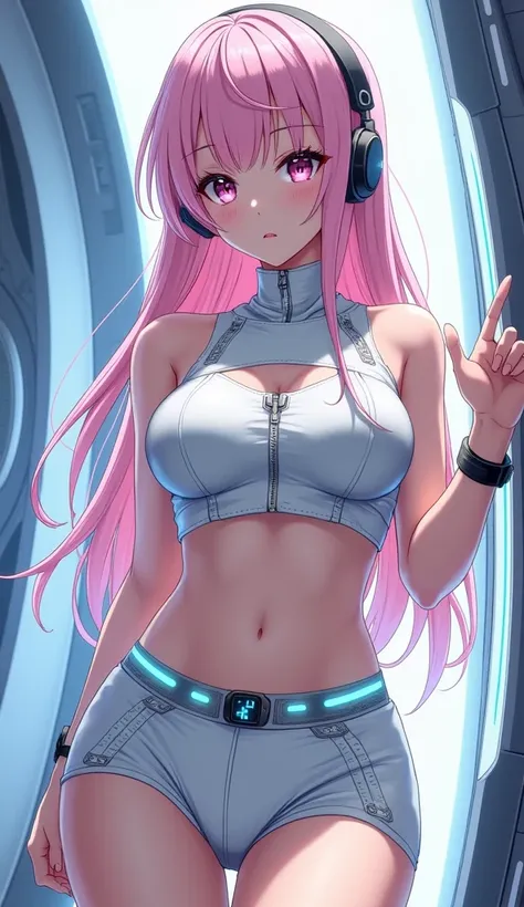 Detailed anime illustration, pixiv style,anime love-live style, zero gravity space. Woman dressed in white spaceship high-tech capsule, cold sleep device. Japanese woman, pink long hair, blush,shy,wearing futuristic underwear with biosensors and circuit pa...