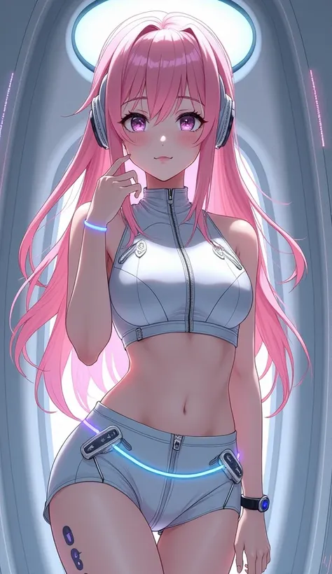 Detailed anime illustration, pixiv style,anime love-live style, zero gravity space. Woman dressed in white spaceship high-tech capsule, cold sleep device. Japanese woman, pink long hair, blush,shy,wearing futuristic underwear with biosensors and circuit pa...