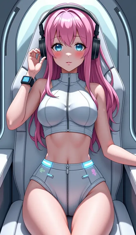 Detailed anime illustration, pixiv style,anime love-live style, zero gravity space. Woman dressed in white spaceship high-tech capsule, cold sleep device. Japanese woman, pink long hair, blush,shy,wearing futuristic underwear with biosensors and circuit pa...