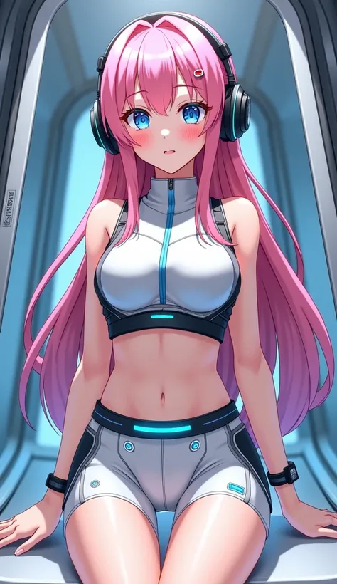 Detailed anime illustration, pixiv style,anime love-live style, zero gravity space. Woman dressed in white spaceship high-tech capsule, cold sleep device. Japanese woman, pink long hair, blush,shy,wearing futuristic underwear with biosensors and circuit pa...