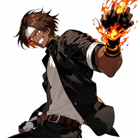 Solo, Simple Background, Brown Hair, Red Eyes, White Teeth, Grinning Face, 1 Man, White Background, School Uniform, Black Jacket, Male Focus, Brown Belt, Black Pants, White Enamel Shoes, Dark Skin, Fingerless Gloves, ((White Headband)), Dark Skin Male, Fir...