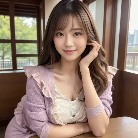 (Early Fall Dates), (( pastel colored cardigan)), ((A summer dress with delicate lace and frills)),
View your viewers, Japanese female university student, ( one woman:1.2),  she's so beautiful , Glittering Skin,  perfect face ,  cute symmetrical face,  gro...