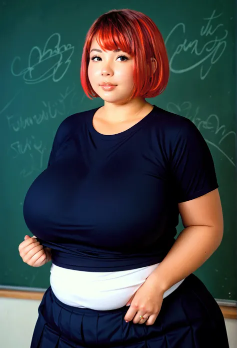 masterpiece, best quality, extremely beautiful and delicate, extremely detailed, intricate detail, vivid colors, colorful, (schoolgirl), (gal), short hair, (red hair), shiny tan skin, huge long breasts, bbw, chubby tummy, curvy, thick, lip, shirtpull1, pul...