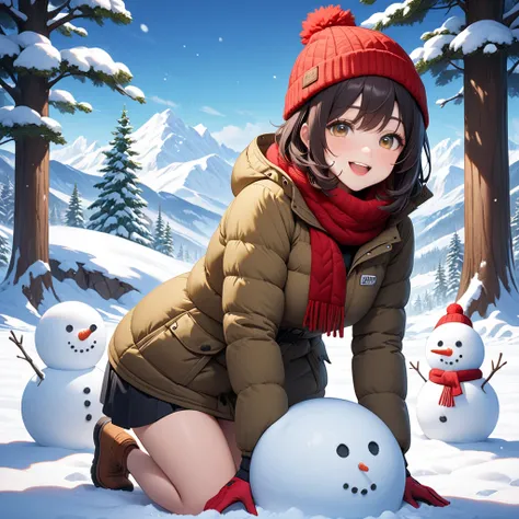 Masterpiece, top quality, 1girl, 1snowman, open mouth, smiling, kneeling, (hand on snowman), looking at viewer, snow, snowy mountains, trees, snowy landscape, dark hair, medium build, down jacket, winter clothes, red scarf, gloves, beanie,