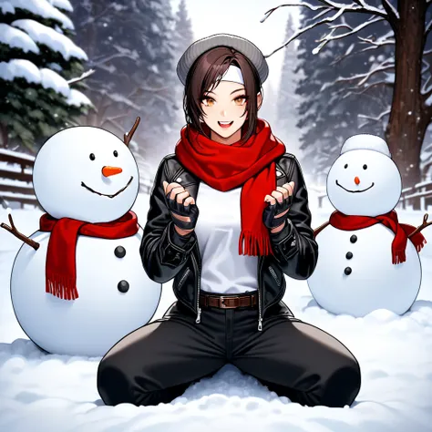 Masterpiece, top quality, 1girl, 1snowman, open mouth, smiling, kneeling, (hand on snowman), looking at viewer, snow, snowy mountains, trees, snowy landscape, dark hair, medium build, please wear ((black leather jacket with rolled up arms), open jacket, fi...