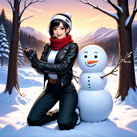 Masterpiece, top quality, 1girl, 1snowman, open mouth, smiling, shorthair, black hair, red eyes, kneeling, (hand on snowman), looking at viewer, snow, snow mountain, tree, snowy landscape, black hair, medium build, please wear ((black leather jacket with r...