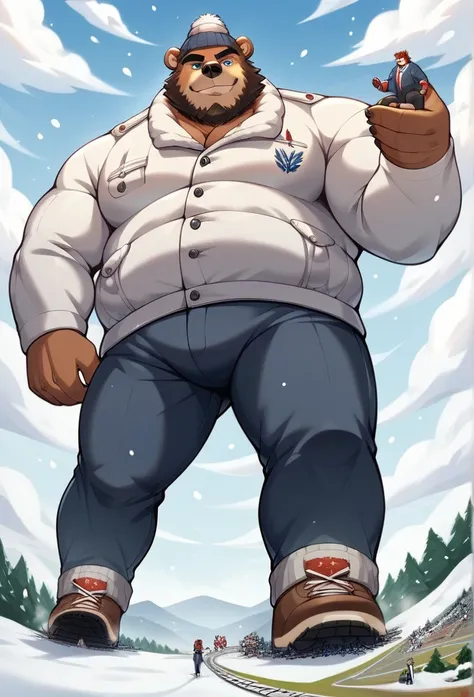 nj5furry, grizzly bear, beast field ，chubby, thick muskular arms，big strong thick muscles， Winter jacket，Plush ，chubby face， black eyebrows ， sky blue eyes ， Lumberjack beard , smirk:1.1，Gantle and friendly smile ，stand on snow, On the stomach, Vati , (fro...