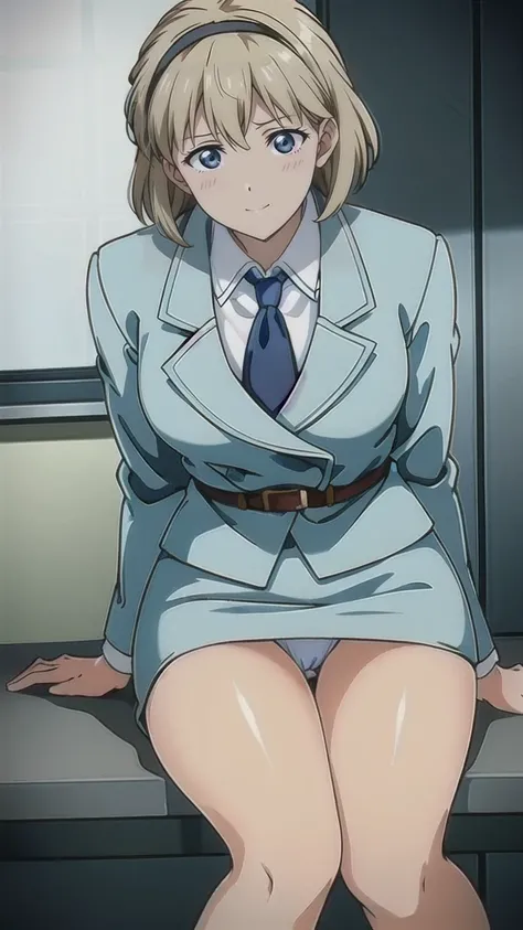 スカートから pantiesが見えている女性、 sitting on a chair、スカートから pantiesが見えている、Blonde、 short bob cut 、White hair band、bangs、悲しいface、 green eyes、 full body style that reflects your whole body、Normal milk、 narrow waist 、Bare legs、 in a suit、 blue jacket 、 collared shirt 、 ...