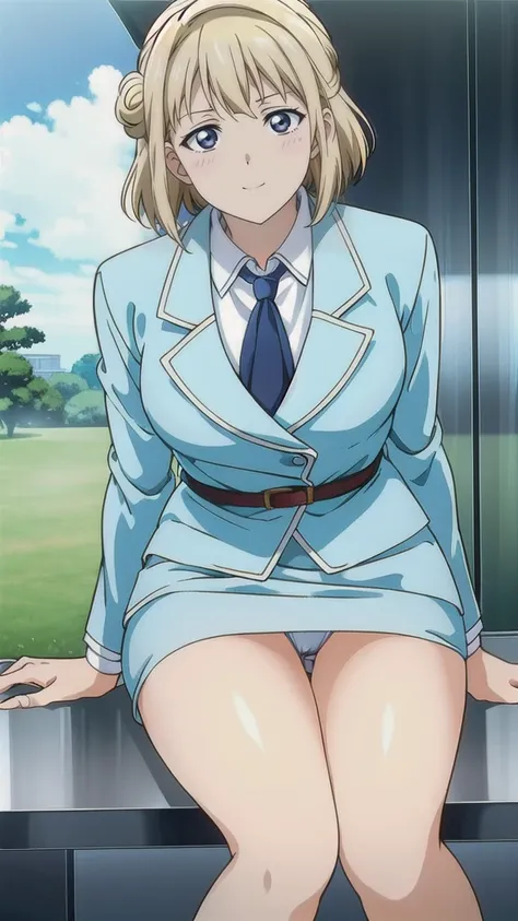 スカートから pantiesが見えている女性、 sitting on a chair、スカートから pantiesが見えている、Blonde、 short bob cut 、White hair band、bangs、悲しいface、 green eyes、 full body style that reflects your whole body、Normal milk、 narrow waist 、Bare legs、 in a suit、 blue jacket 、 collared shirt 、 ...