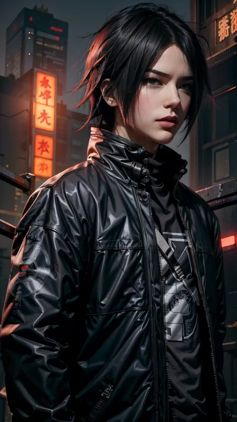 Masterpiece, 1boy, Superb Style, cyberpunk style, Streetwear clothes, Outdoor, Upper Body, Sasuke Uchiha, bright eyes, Red eyes, Black hair, cool boy, Realistic