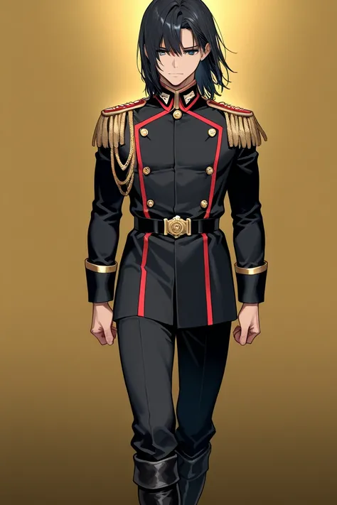 BEST QUALITY, ULTRA DETAILED, HIGH DEFINITION, ALONE, MALE, 1 boy, black hair, dark blue eyes, medium hair, toned, black military uniform with red details, gold buttons, gold shoulder straps, boots, neutral background