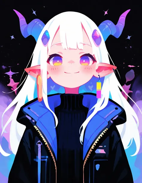 masterpiece, best quality, good quality, very awa, very aesthetic, absurdres, newest, (Perfect details),(****), 1girl, solo, horns, pointy ears, looking at viewer, jewelry, earrings, upper body, long hair, white hair, jacket, hair ornament, sweater, black ...