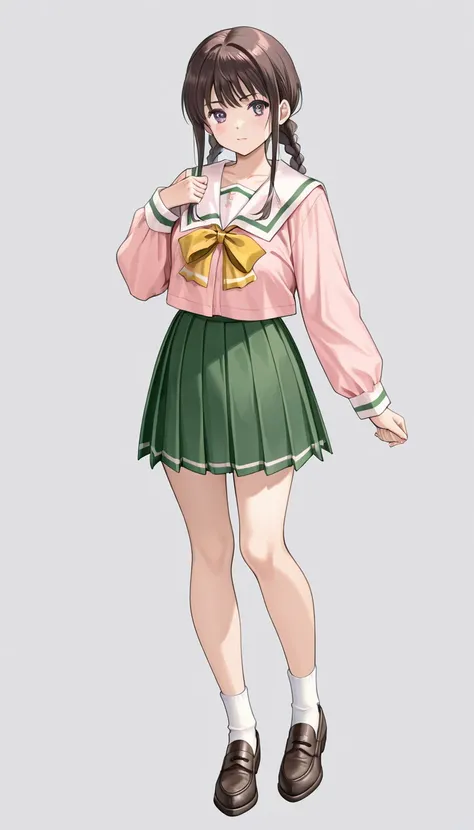 Shiho、 tea hair、 purple eyes、 braids、Serafuku、 yellow ribbon、 pink shirt、 pleated skirt、green skirt full body style、Bare legs、 white socks、Loafers、